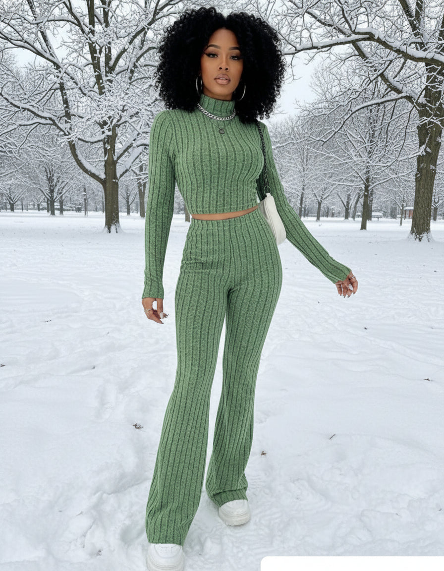 Long Sleeve Turtlenecks Wide Leg High Waist Trousers Suit