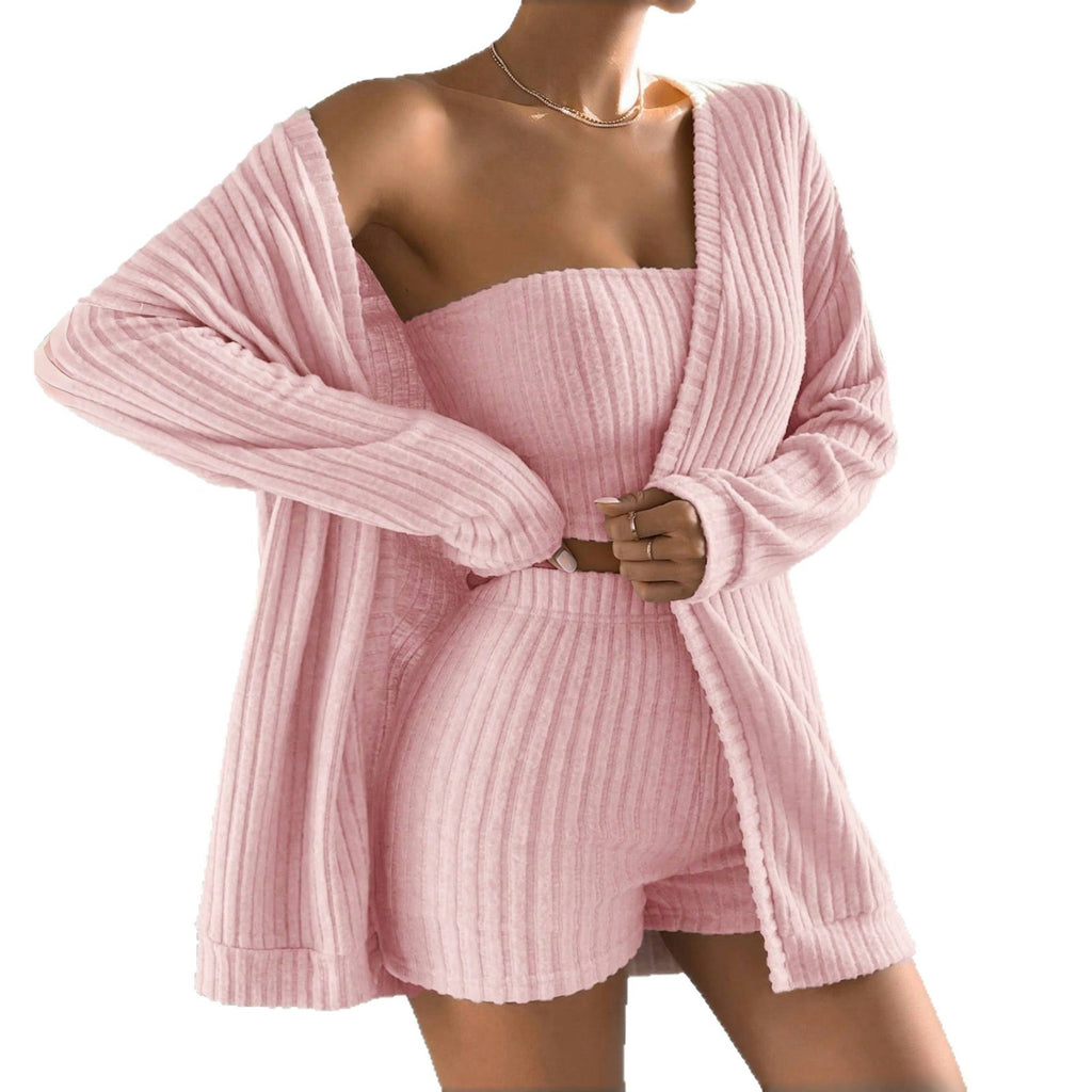 Brushed Striped Women's Pajama Three-piece Set