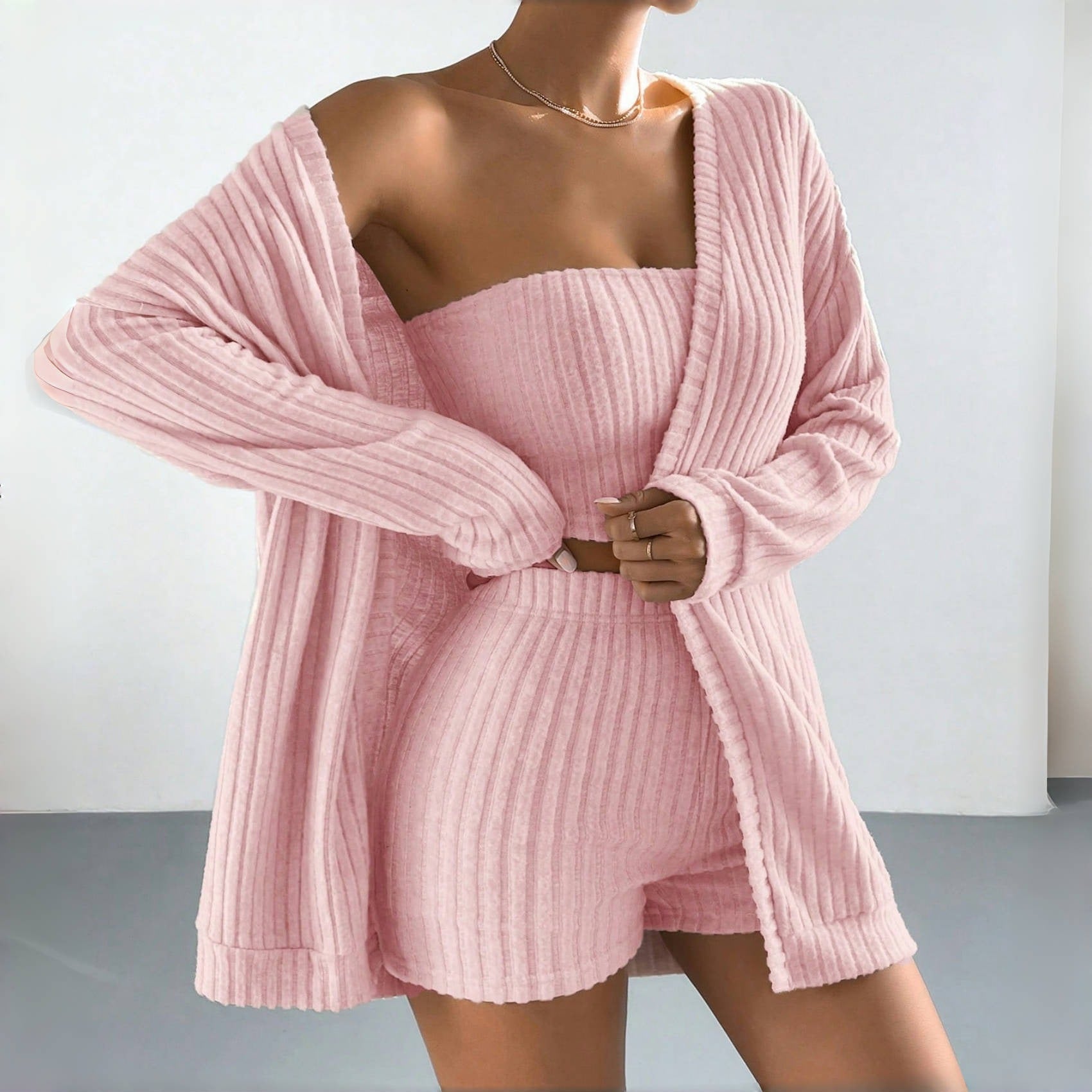 Brushed Striped Women's Pajama Three-piece Set